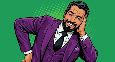 Smiling Man in Purple Suit Listening Attentively Pop Art Style Illustration