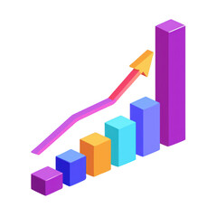 Isometric bar graph with upward trend arrow isolated on transparent background