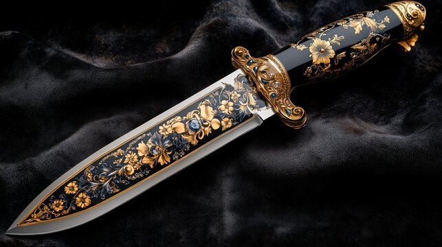 Ornate, decorative dagger with intricate gold and dark blue floral designs - Powered by Adobe