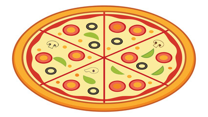 Flat design illustration of a delicious pizza with tomato olives and basil toppings