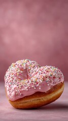 Heartshaped pink glazed donut with white sprinkles