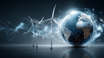 Futuristic digital globe with wind turbines representing global clean energy transition and sustainable technology, Generative AI