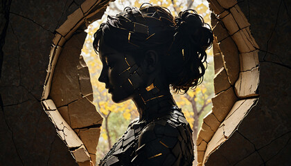 Fototapeta premium A shattered stone silhouette representing grief being healed by warm golden light in the Japanese style of Kintsugi