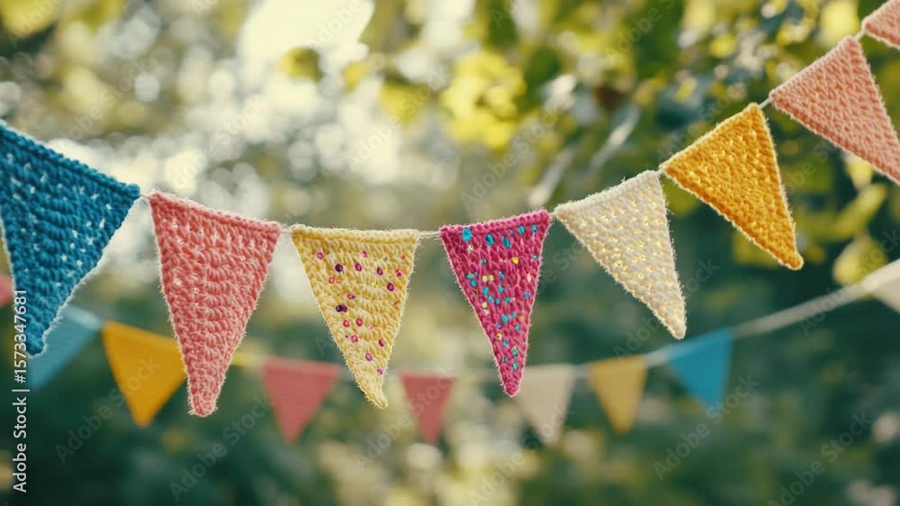 Poster a string of handmade crochet triangular flags hanging in a garden or yard.