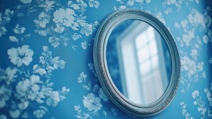 Oval mirror on floral wallpaper