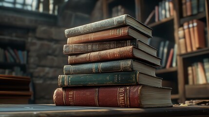 "Stack of Ancient Books with Weathered Pages"