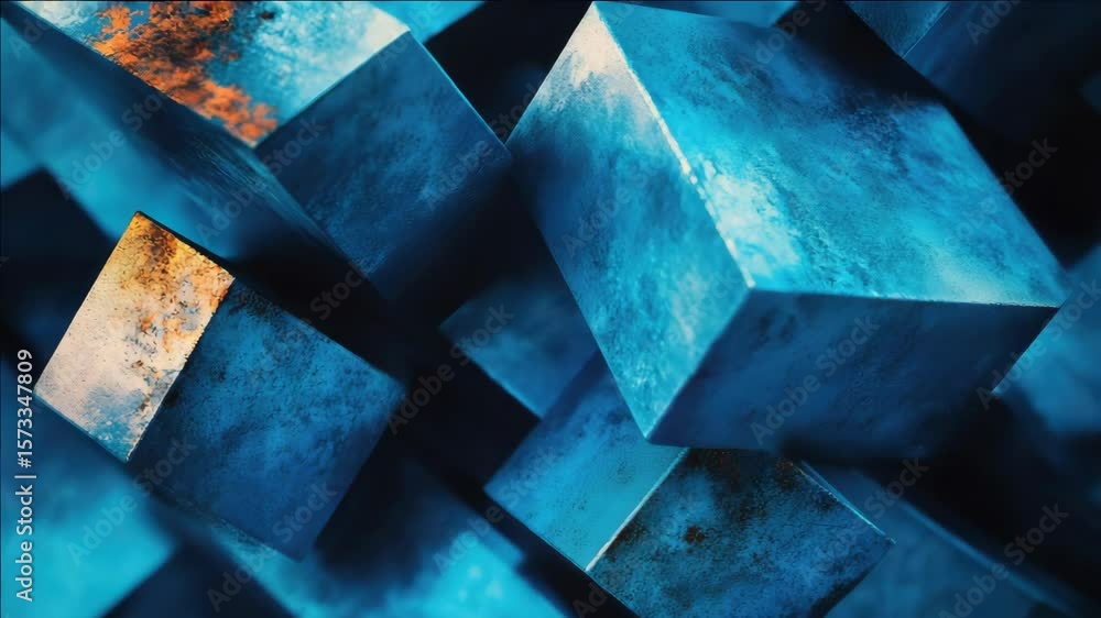 Poster a close up of small, shiny ice blocks with intricate textures on their surfaces. the blocks are blue