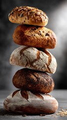 Artisanal bread loaves stacked for bakery display