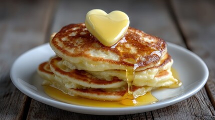 Stack of golden pancakes on white plate