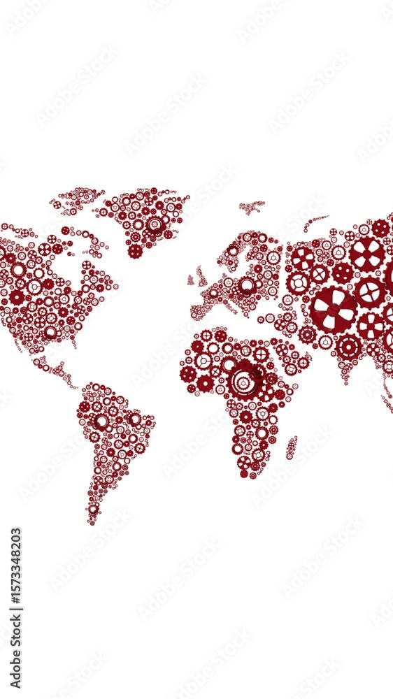 Poster animation of red and white world map formed with cogs on white background