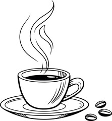 Steaming Coffee in Cup: A simple monochrome illustration showcases a cup of coffee with visible steam, resting elegantly on a saucer, alongside coffee beans, evoking the aroma and pleasure.