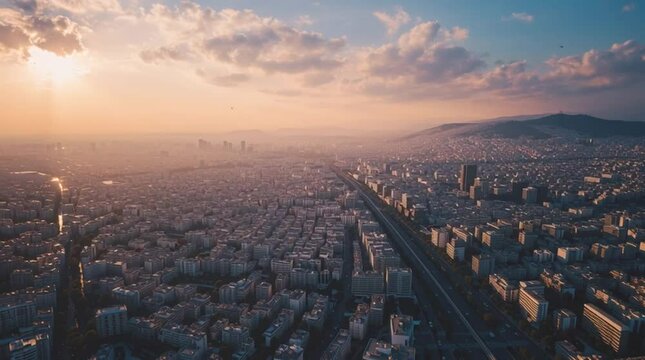 Aerial View of Cityscape at Sunset with Expansive Urban Grid