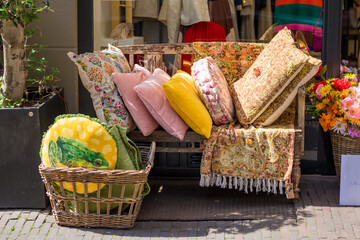 Deventer, The Netherlands, 17.06.2025 Window display on the street of a pillow shop in the historical center of Deventer, The Netherlands. High quality photo.