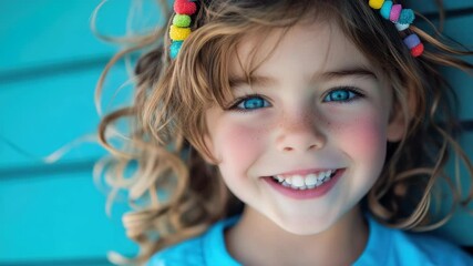 Young child with blue eyes smiling into camera; beach setting, sunlit day.