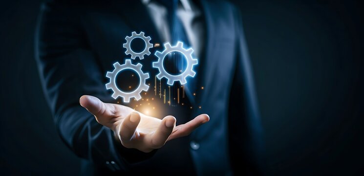 Automation and Data Analytics for Business Productivity. Businessman holding digital gears and rising financial charts, symbolizing data analytics, business growth, and system performance improvement.