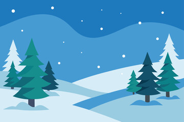 Winter Snow Landscape with Pine Trees and Falling Snow