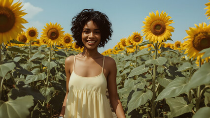 A beaming young black woman with a bright smile, radiant dark brown skin, and short, curly Afro-textured hair, stands amidst a vibrant sunflower field on a warm sunny day, surrounded by towering yello