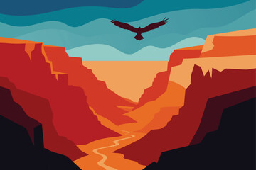 Wide Canyon Landscape with Eagle Flying Overhead