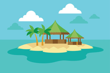 Watercolor Tropical Island with Huts and Turquoise Water