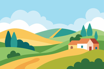 Watercolor Countryside with Fields Hills and Cottage