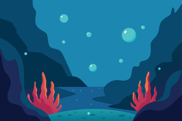 Underwater Cave Landscape with Glowing Coral and Bubbles