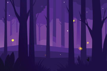 Twilight Forest with Purple Sky and Glowing Fireflies
