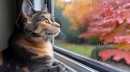 A calico cat gazes out a window at raindrops on autumn leaves.