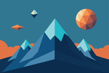 Surreal Mountain Landscape with Floating Geometric Shapes