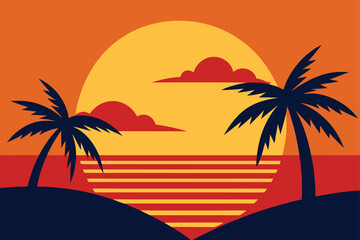Sunset over Tropical Beach with Palm Trees Silhouette
