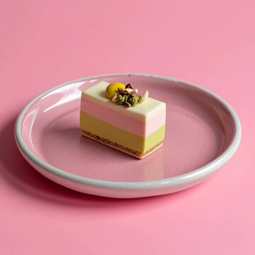 Pastel Layered Dessert on Pink Plate with Elegant Topping