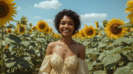 A beaming young black woman with a bright smile, radiant dark brown skin, and short, curly Afro-textured hair, stands amidst a vibrant sunflower field on a warm sunny day, surrounded by towering yello