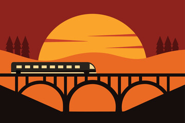 Silhouette Train Crossing Bridge over Sunset River