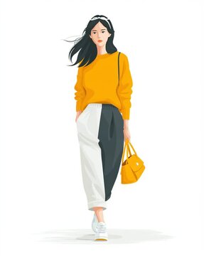 Stylish Woman in Orange Sweater and Split Jogger Pants Walking