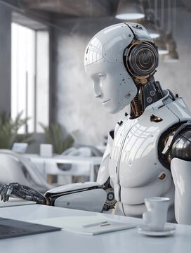 Futuristic Humanoid Robot Working at Modern Office Desk