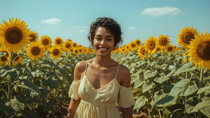A beaming young black woman with a bright smile, radiant dark brown skin, and short, curly Afro-textured hair, stands amidst a vibrant sunflower field on a warm sunny day, surrounded by towering yello