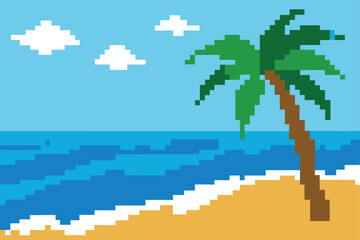 Pixel Art Style Beach with Waves and Palm Trees
