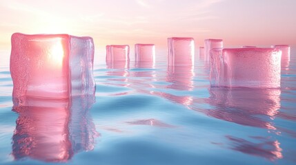 Pink ice cubes float on calm water at sunrise