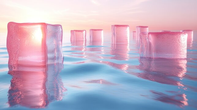 Pink ice cubes float on calm water at sunrise