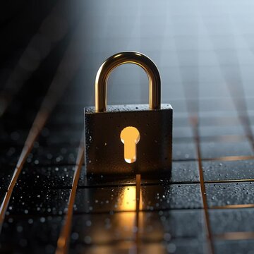 Black and Gold Padlock on Wet Glossy Surface with Ambient Light