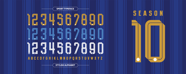 Season 10: retro jersey number font with blue stripes and gold-white inline style. A vintage sports display perfect for team designs, tournament posters, and athletic-themed graphics.