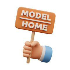 3D cartoon hand holding an orange 'Model Home' sign for real estate. Isolated on transparent background, png