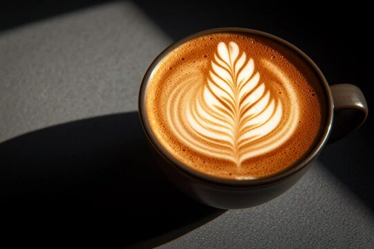 Artistic leaf latte in warm directional light with bold shadow