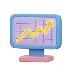 3D computer monitor displaying a glowing yellow line graph showing an upward trend. Isolated on transparent background, png