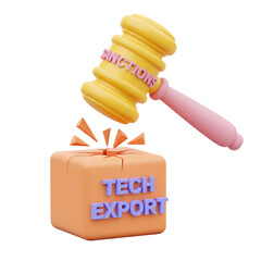 3D gavel labeled Sanctions smashing a box labeled Tech Export concept icon. Isolated on transparent background, png