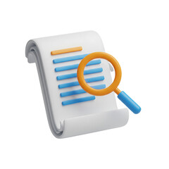 3D illustration of a document search with a magnifying glass. Isolated on transparent background, png