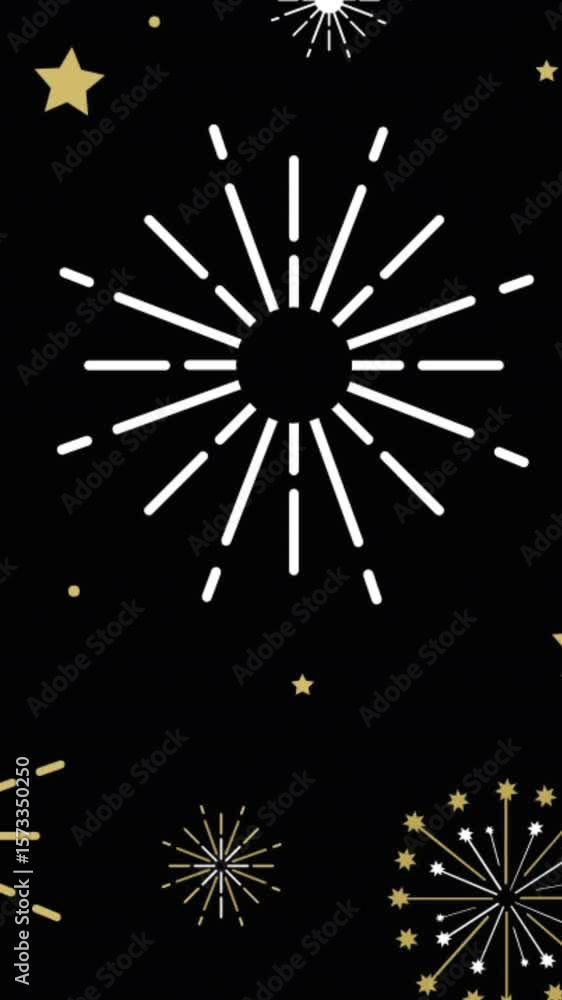 Poster animation of exploding white and gold fireworks scrolling on black background