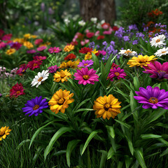 Vibrant multicolored gazania flowers blooming in a lush green garden bed surrounded by various other colorful flowers and greenery creating