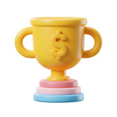 3D yellow trophy with a dollar sign, symbolizing a financial award. Isolated on transparent background, png