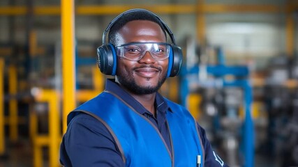 Manufacturing worker safety portrait with safety glasses and earmuffs in industrial setting