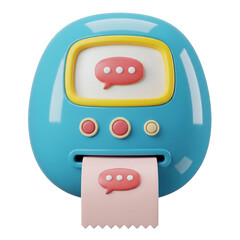 3D render of a cute machine printing a chat message icon receipt. Isolated on transparent background, png